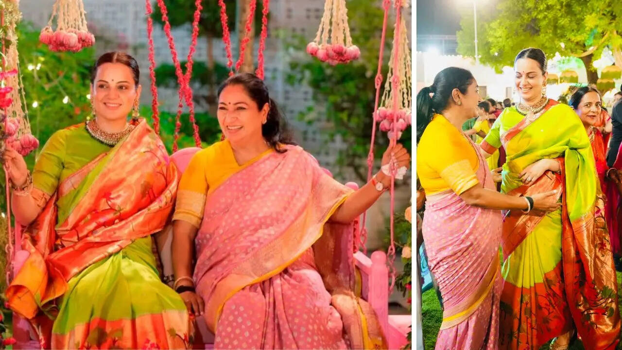 Kangana Ranaut’s Lime Green Silk Saree For Delhi CM Rekha Gupta’s Hariyali Teej Comes With A Coral-Pink Pallu