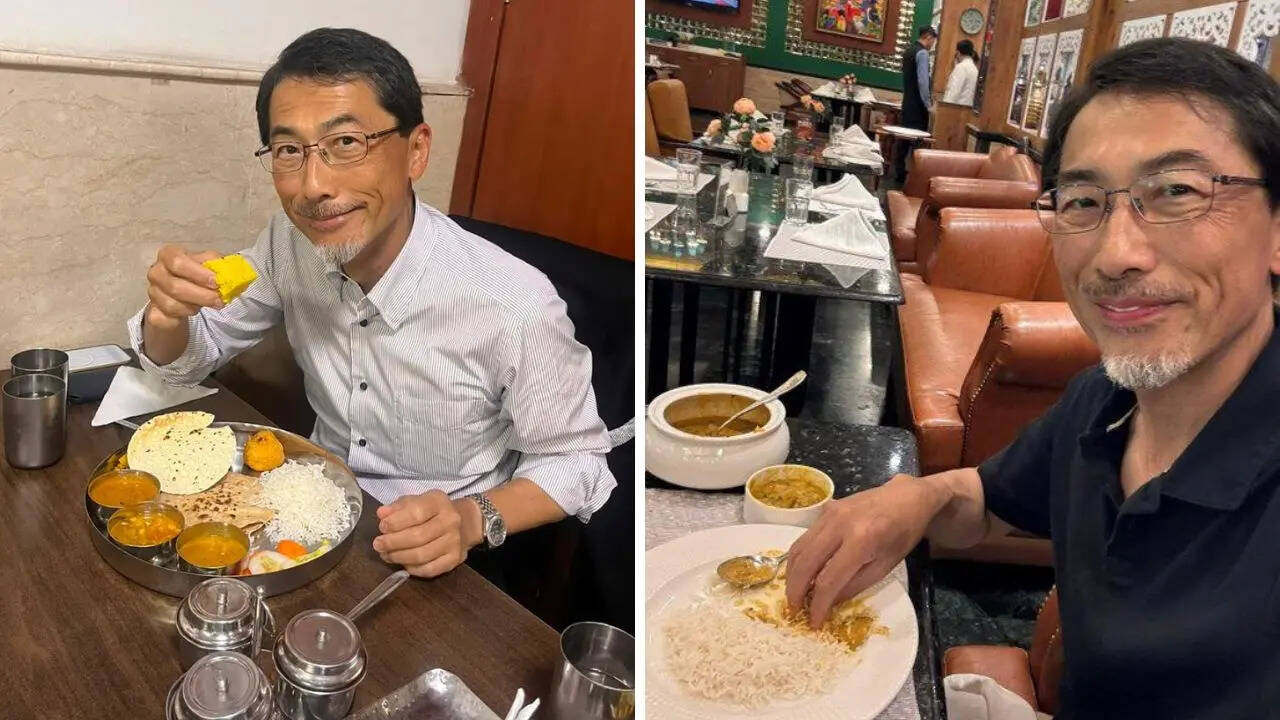 Japan’s Ambassador to India, ONO Keiichi, at Gujarat Bhawan (left) and enjoying dalma and rice in Odisha. (Photos: X)