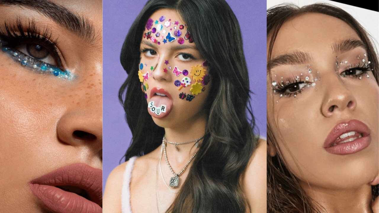 Rhinestone makeup is no longer kitschy (Credit: Pinterest, Spotify)
