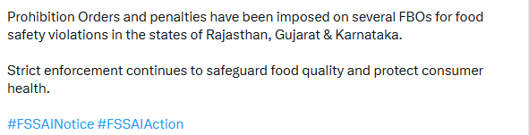 FSSAI Cracks Down On Food Safety Violations; Penalties Imposed In Rajasthan, Gujarat &amp; Karnataka