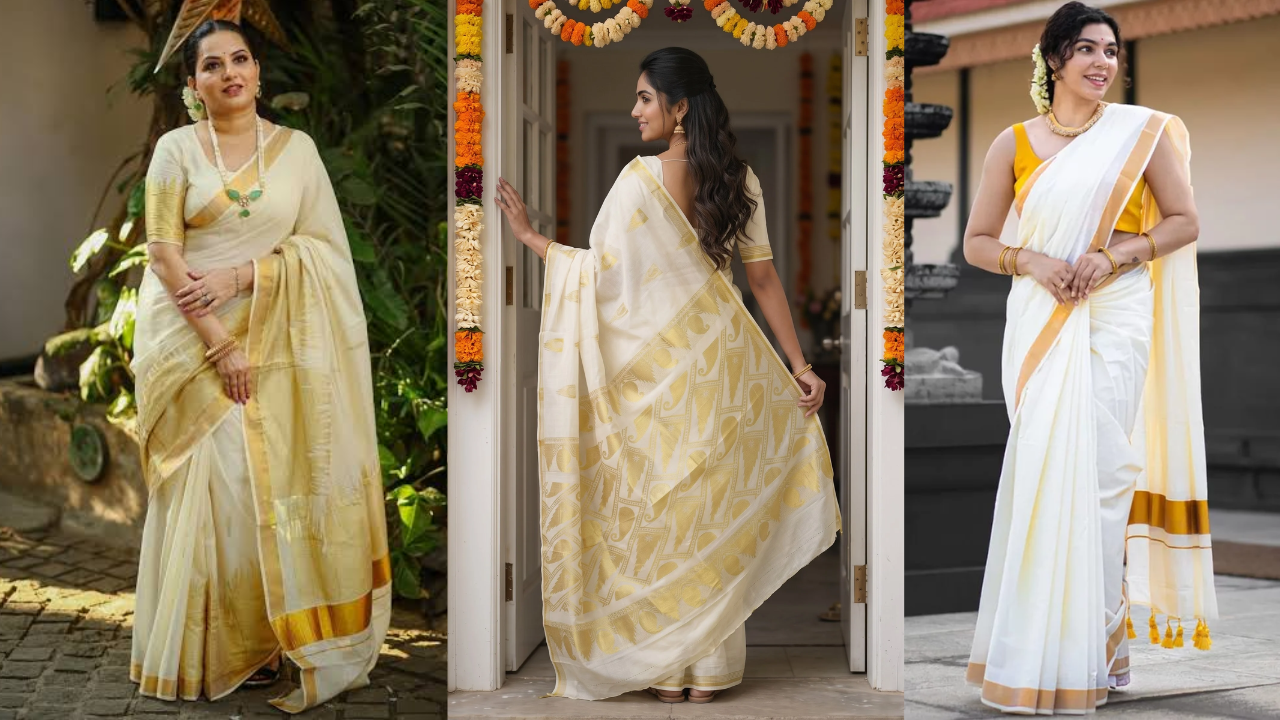 Modern day versions of Onam dressing (Credit: Pinterest, Kalyan Silks, Glamwiz)