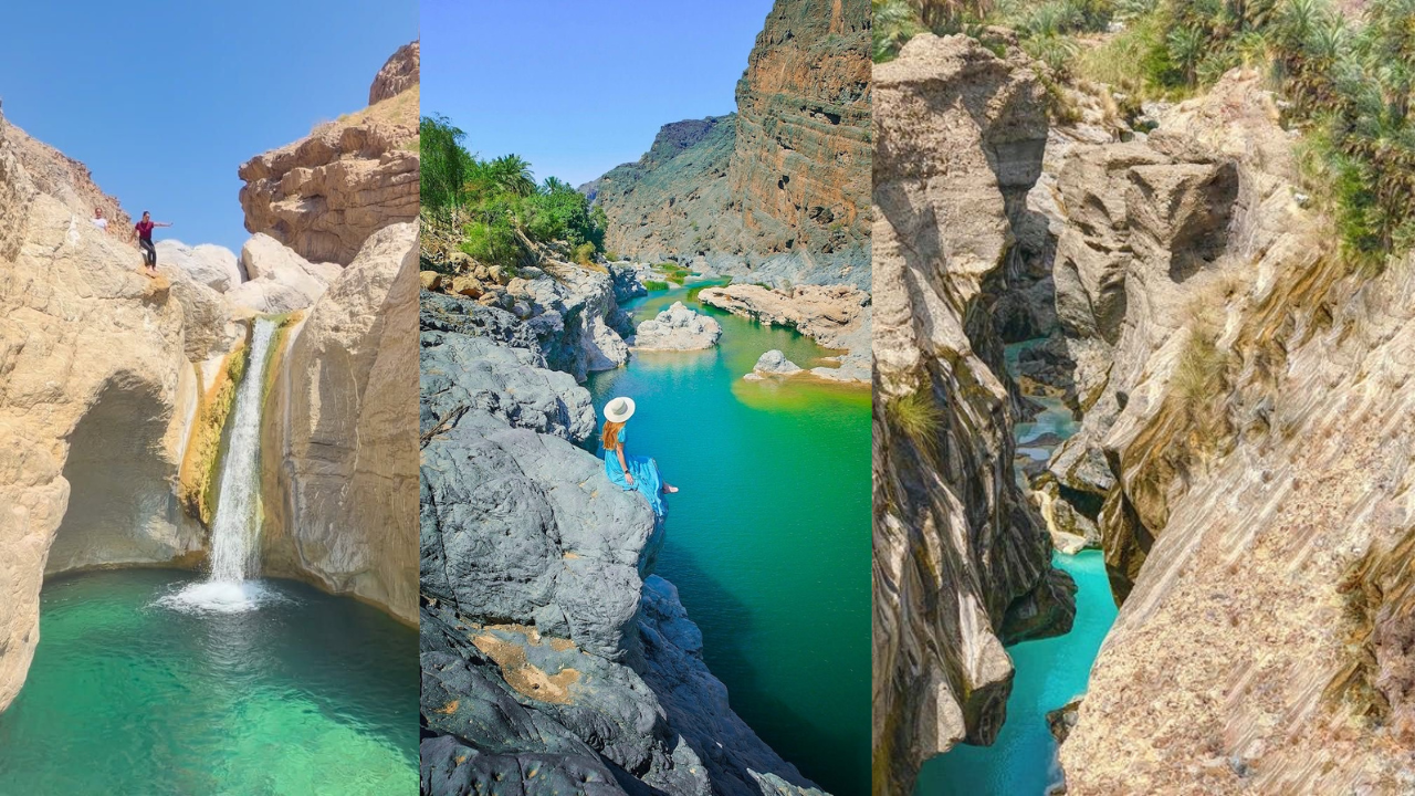 A surreal blue-green oasis tucked into Oman’s rugged mountains.